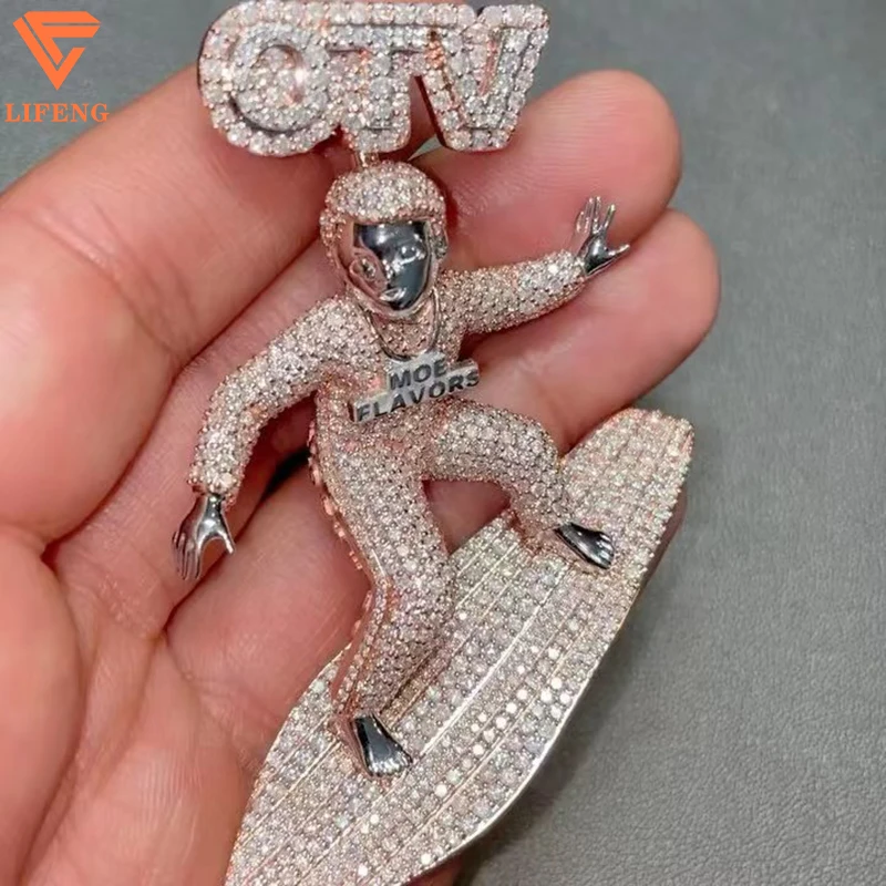 Best Selling Luxury Hip Hop Skateboard Boy Pendant Charm Customized VVS Moissanite and Diamond Tester Stone Jewelry