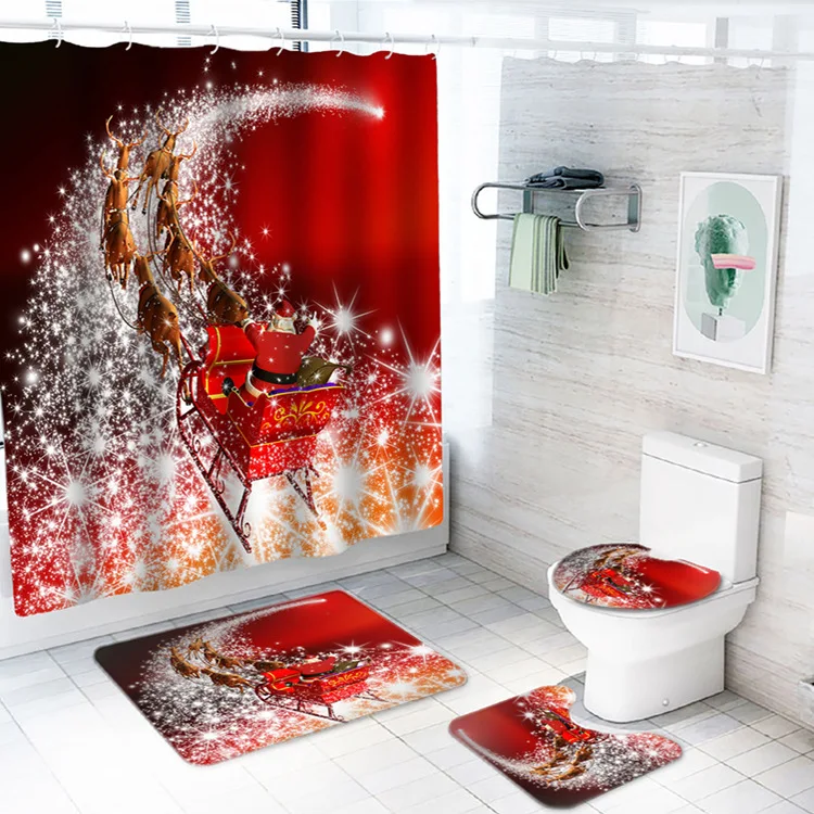 
Lianquan Santa Claus shower curtain custom waterproof digital printing four-piece toilet floor mat shower curtain set 