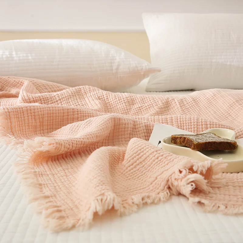 Custom Label Cotton Gauze Blanket Low Price Baby Muslin Blanket 4 Layers Knitted Throw Blanket With Tassels