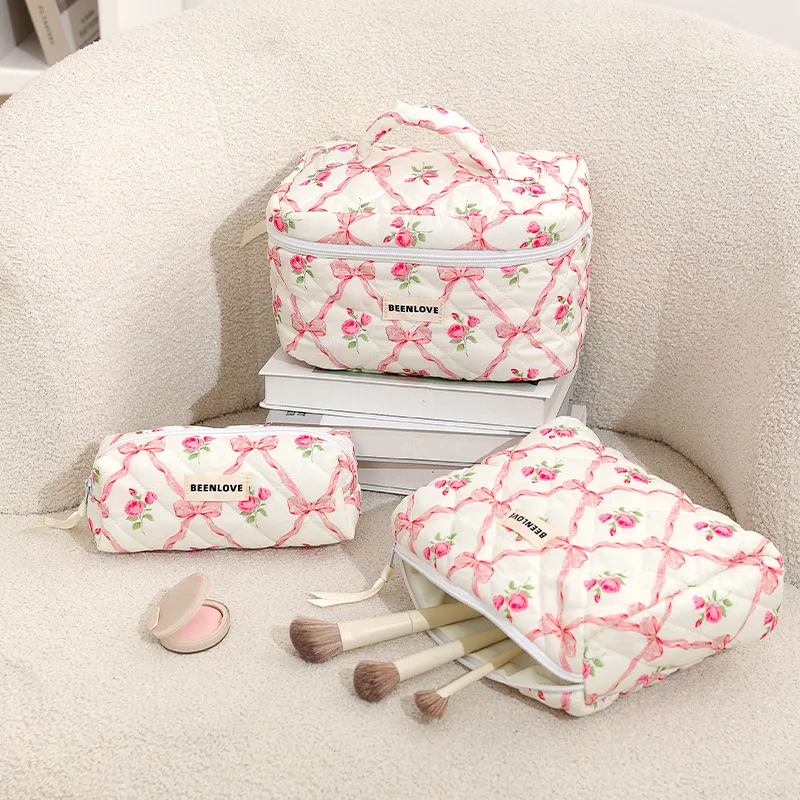 Cute Pink Quilted Travel Storage Bag Women Portable Wash Clutch Purse Handbags Zipper Cosmetics Make Case Quilting Mommy Bag