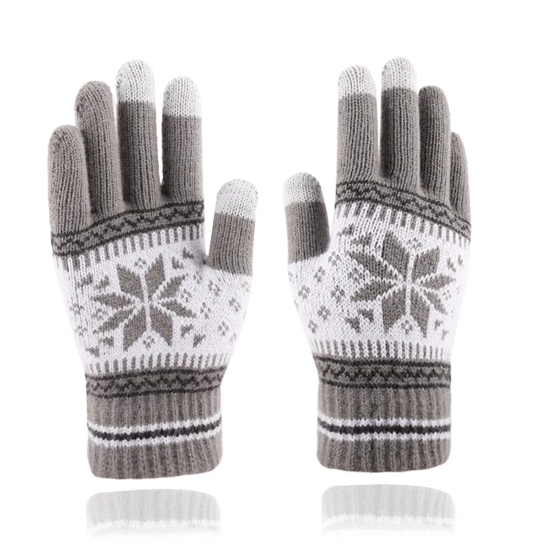 Cheap Winter Men Women Plush Jacquard Knit Gloves Outdoor Snowflake Touch Screen Thick Warm Gloves