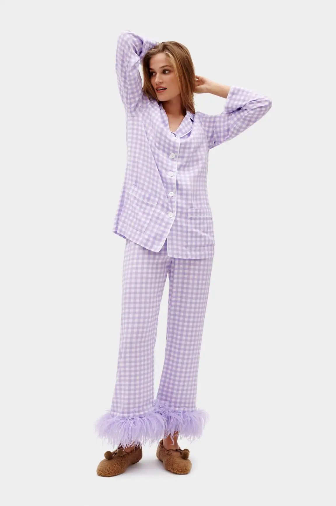 Wholesale Women Purple Checked Pattern Long Sleeve Top&Pants Matching Set Ostrich Feather Trim Cotton Party Pajamas Set
