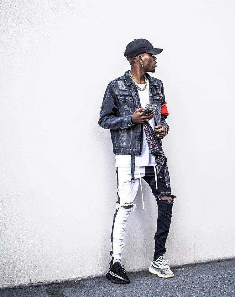 Wholesale Black Stacked Jeans Men Patches High Quality Fashion Denim Vintage Design Skinny Fit Jeans For Men