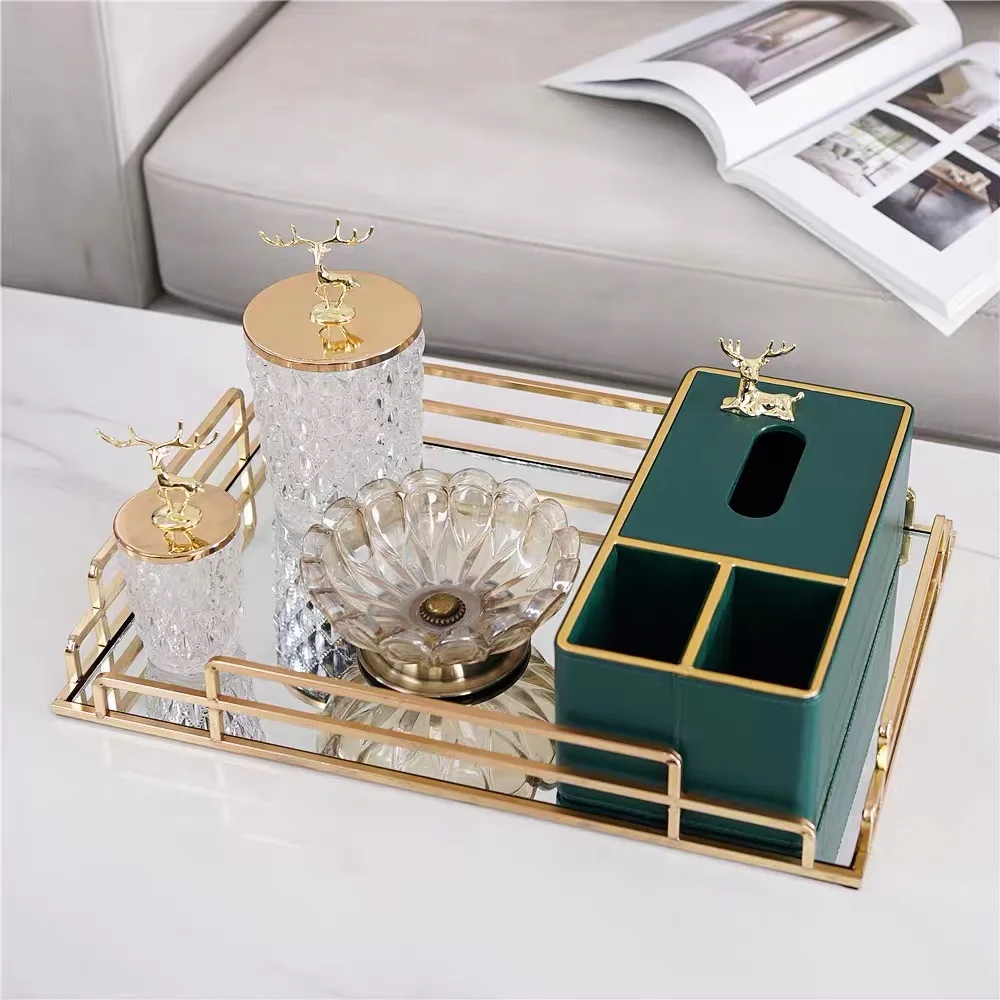 Wholesale Vanity Gold Metal Glass Mirror gift tray iron jewelry display trays for wedding