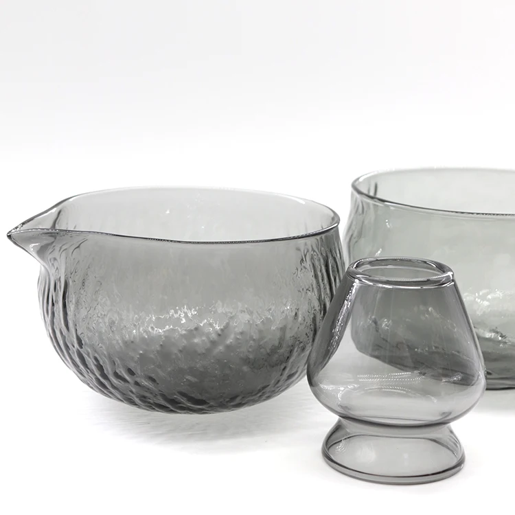 Newell Ceremonial Tea Tool Whisking Chawan Black Textured Glass Handmade Pouring Spout Bamboo Whisk Matcha Bowl With Stand