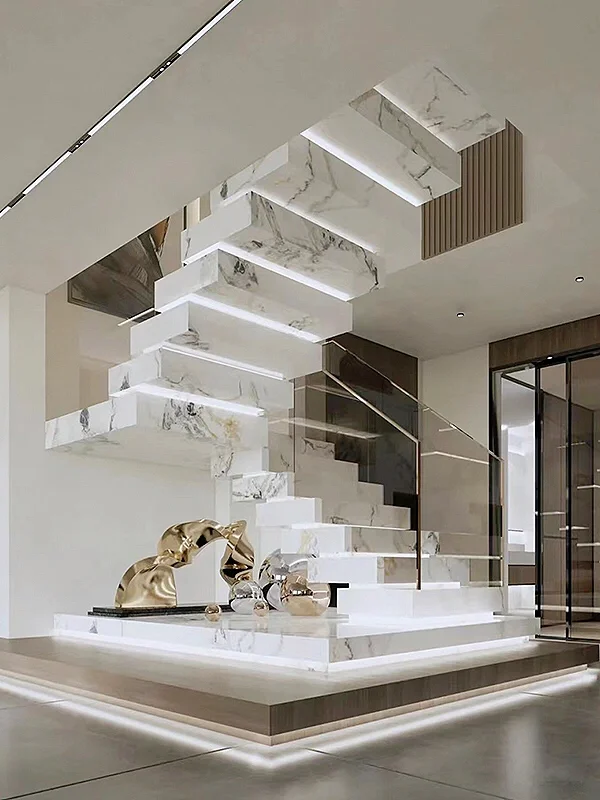 ECT 2023 Indoor Modern Design Wood Tread with lights Floating Staircase