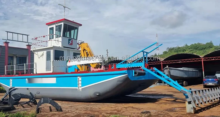 Lake construction project work boat with crane and implements tools