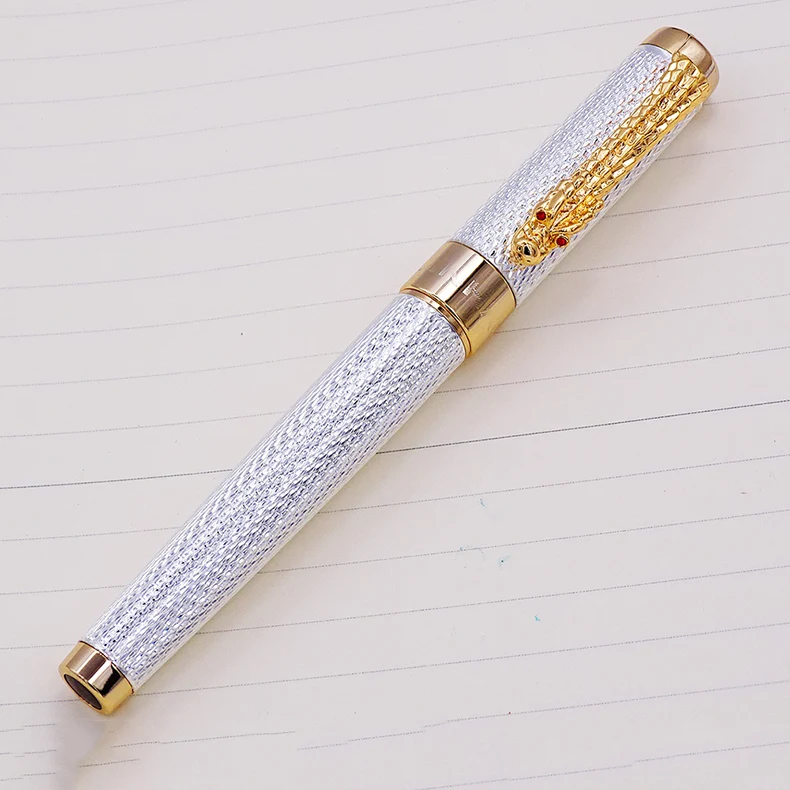 Jinhao 1200 Vintage Luxurious Fountain Pen Beautiful Ripple with Dragon Clip, Noble Silver Metal Carving Ink Pens Collection