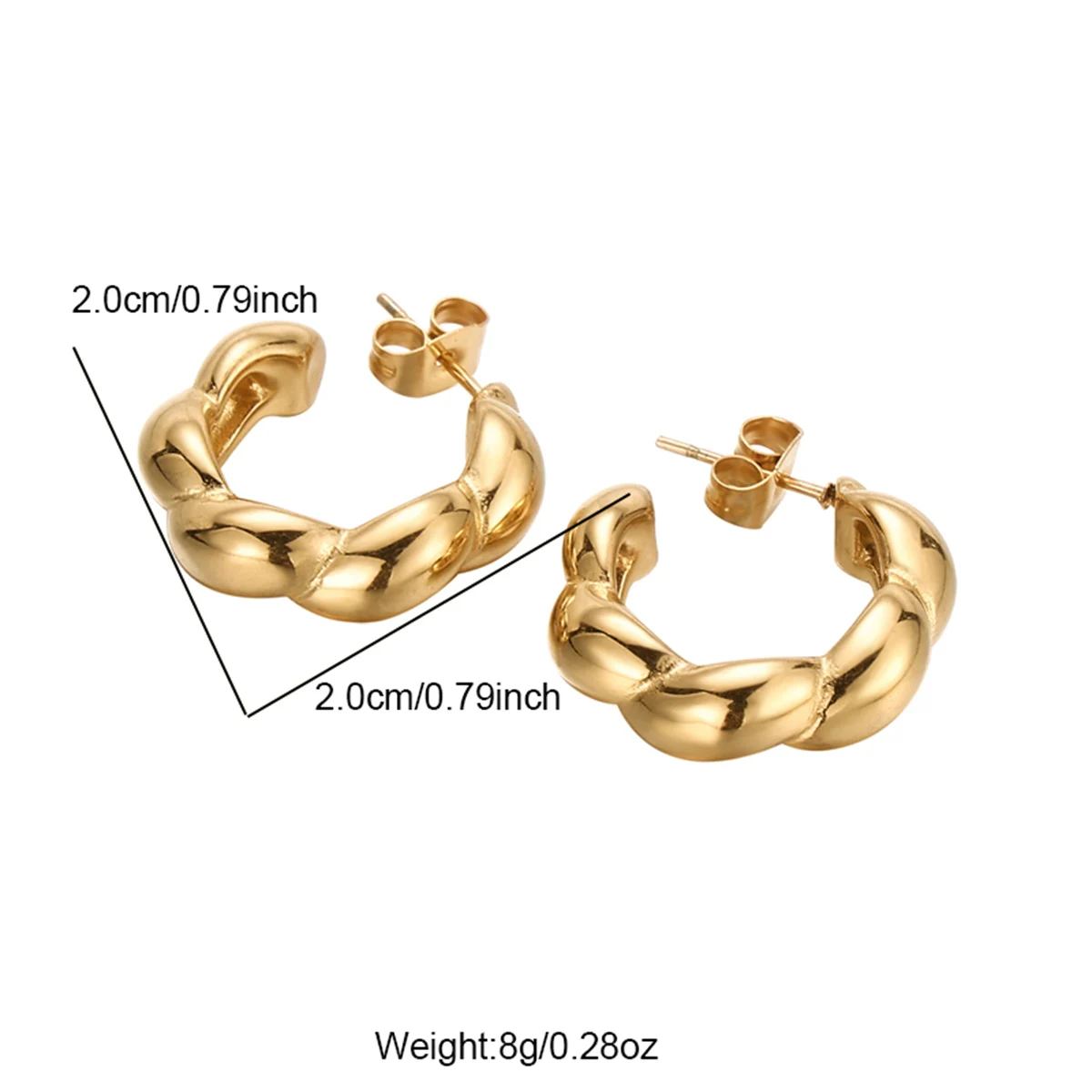 Real 18K Gold PVD Fashion Jewelry Earrings 316L Stainless Steel Grooved Vintage Style C Shaped Hoop Stud Earrings For Ladies