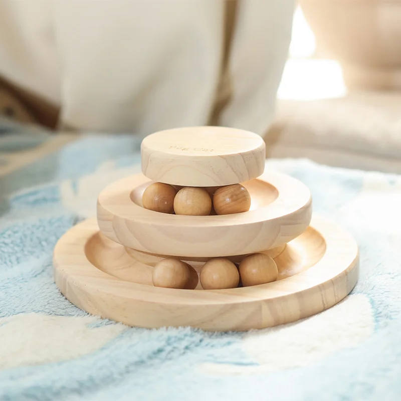 Wooden Double Layer Circular Tower Rolling Interactive Cat Toy Chasing Turntable Ball Track Funny Roller