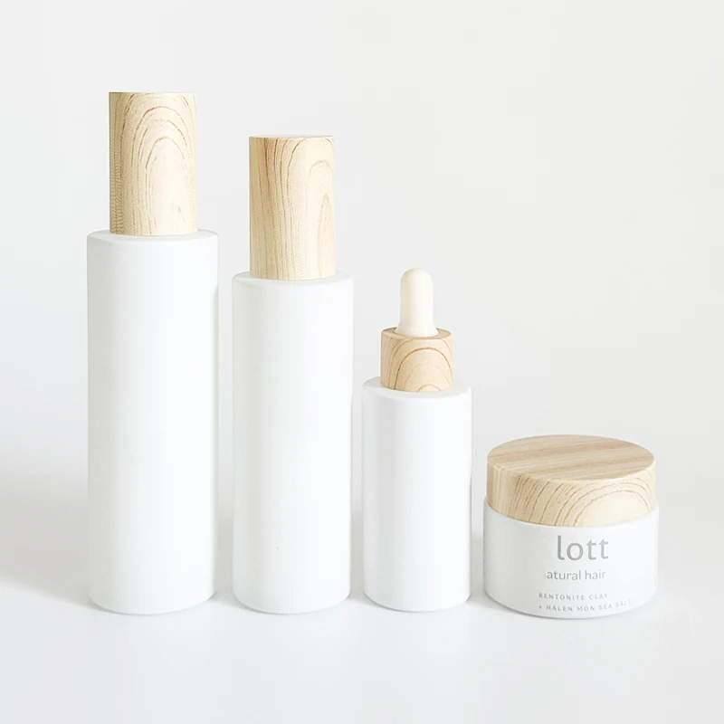 Glass pump bottle 30 ml 50 ml 60 ml 80 ml matte white wood grain plastic cap glass toner pump bottle