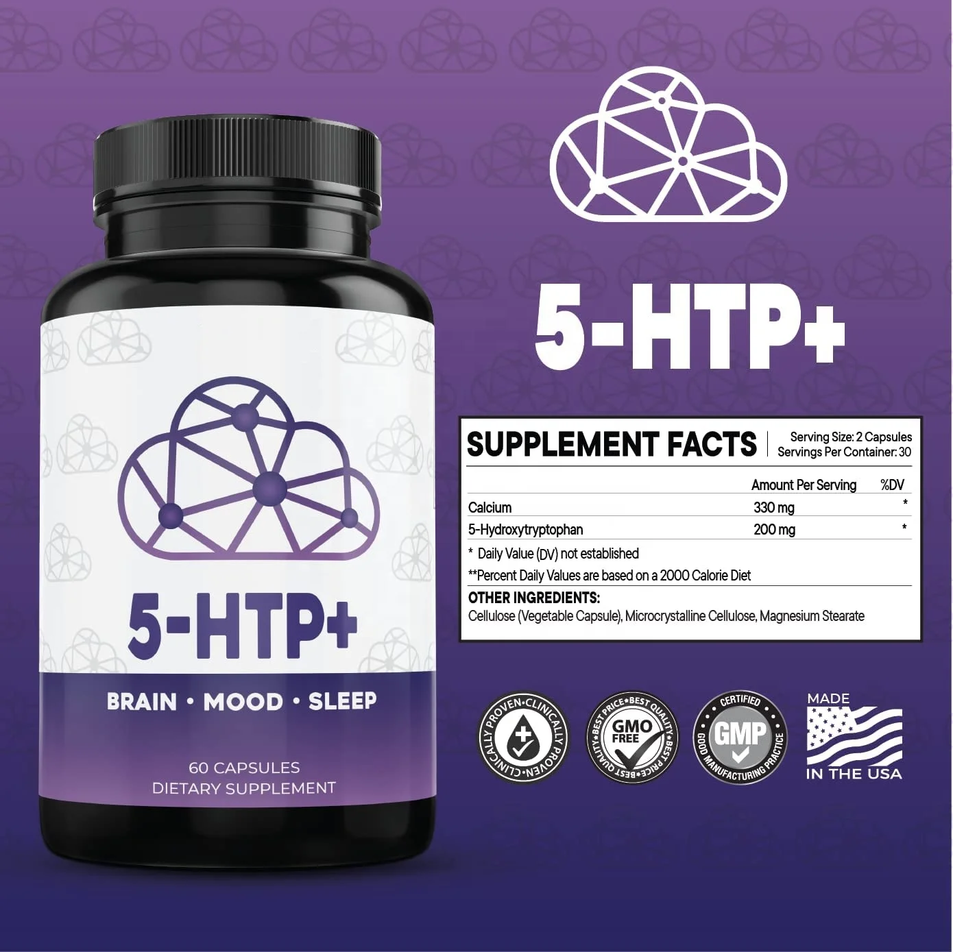 Wholesales 5-Hydroxytryptophan 5-HTP Capsules for Brain, Sleep, Eating Behavior, and Serotonin Support
