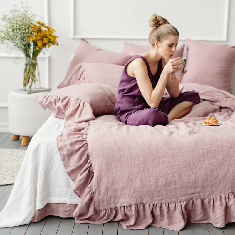 Ruffled Duvet Cover 100% Linen Fabric 1-Piece Only Cover Support Custom Bedding Duvet Cover Set 3-Pieces Sheet Set 4-Pieces