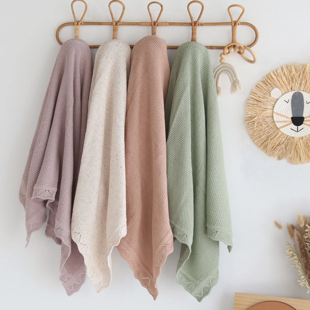 Reversible Crocheted Kids Knit Blanket Popular Breathable Vintage Swaddle Solid Color Holding Cotton Knitted Baby Blanket