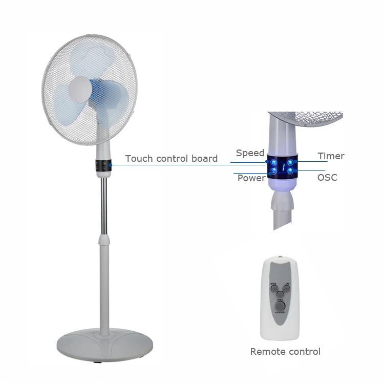 Silent copper motor home plastic smart touch timer 16 inch electric stand pedestal fan with remote control