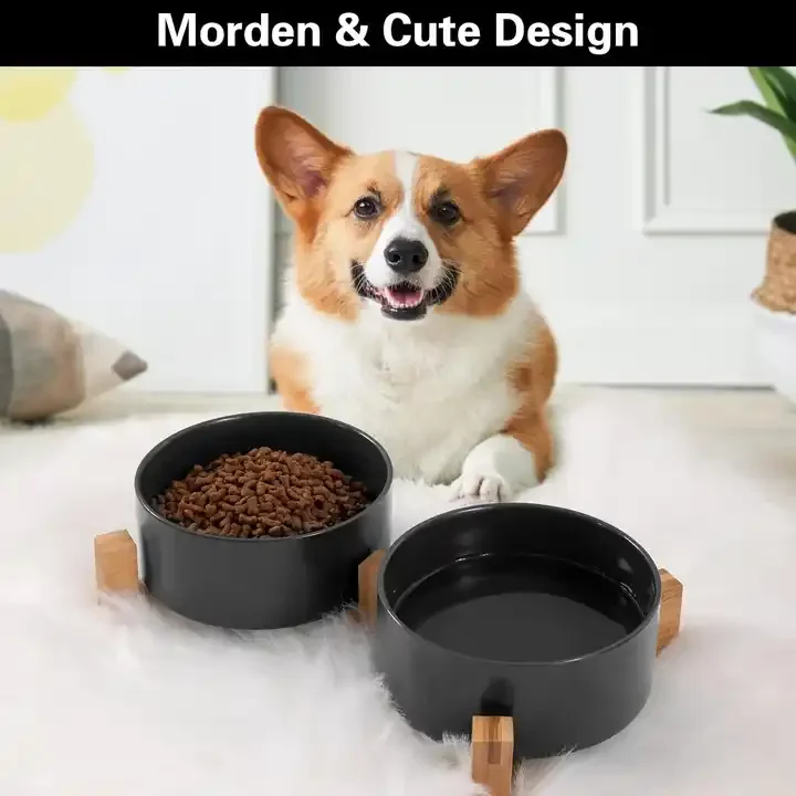 Pet Bowls with Wood Stand Puppy Ceramic Food and Water Bowls Set