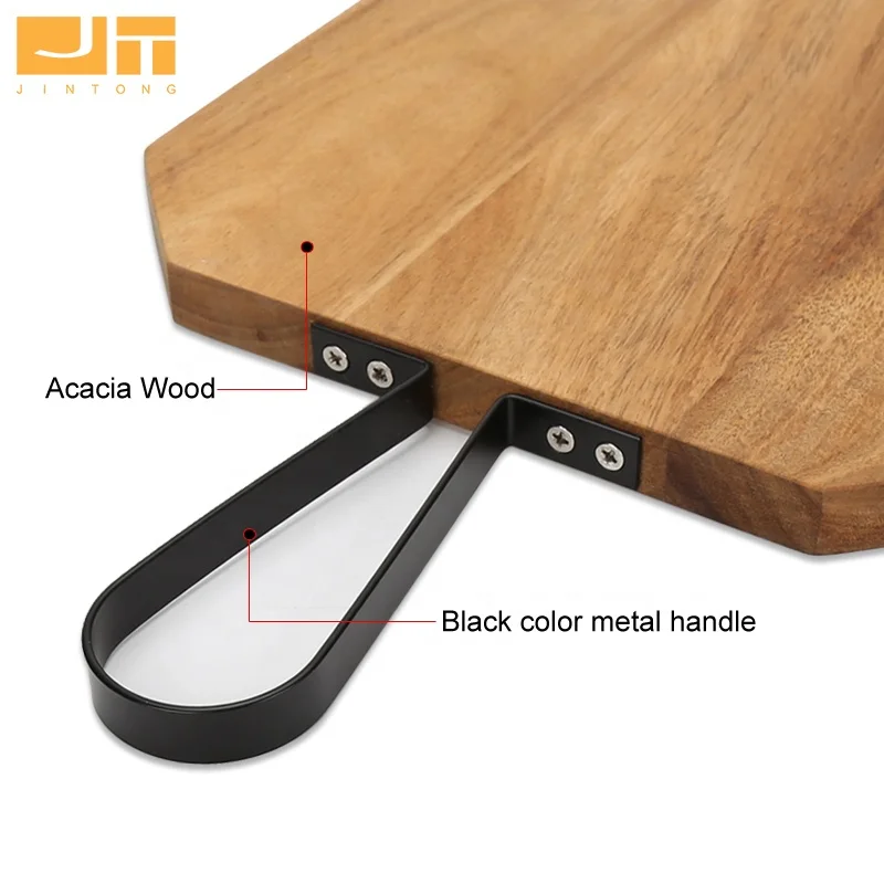 Irregular Original Acacia Wooden Cutting Board With Black Color Metal Handle