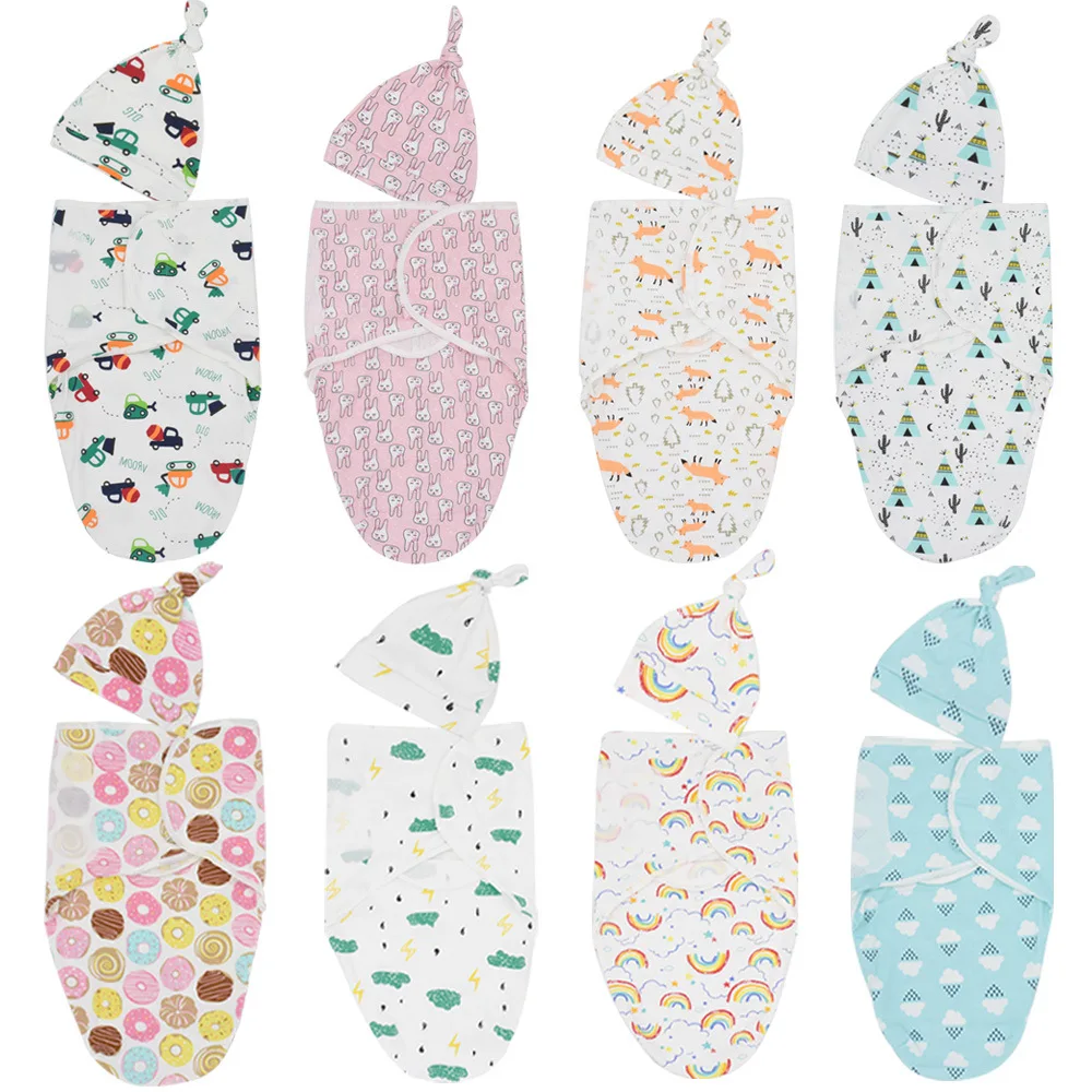 
2020 100% Cotton Knit Baby Swaddle Blanket and Hat / Beanie Set for Newborn Infant Adjustable Wearable Blanket 