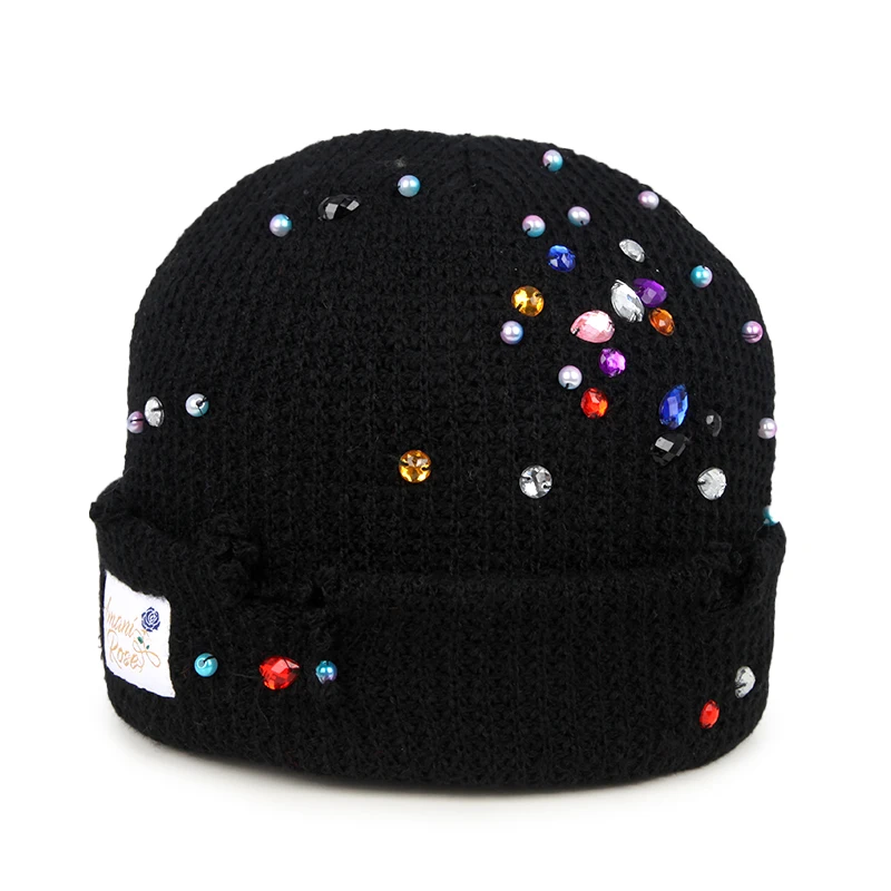 Distressed Style  Silky Satin Lining Inside Knit Winter Hat Rhinestone Beanie with Custom Logo Woven Label Patch