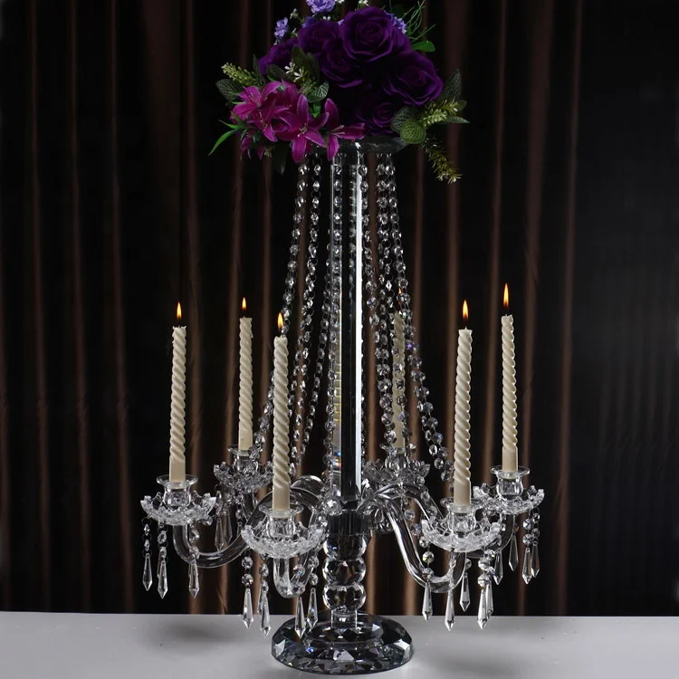 European Tall 6 Arm Crystal Clear Candelabra With Flower Bowl Wholesale for Wedding Table Decoration Centerpieces
