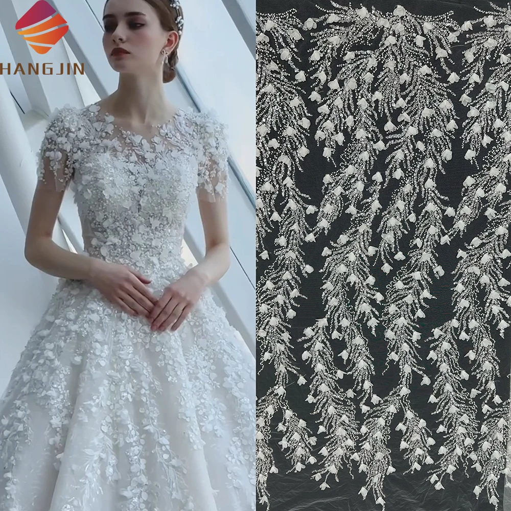 White High Quality African Beaded Sequins 3D Flowers Embroidered Lace Fabric French Tulle Beads Lace Fabric For Bridal Dress