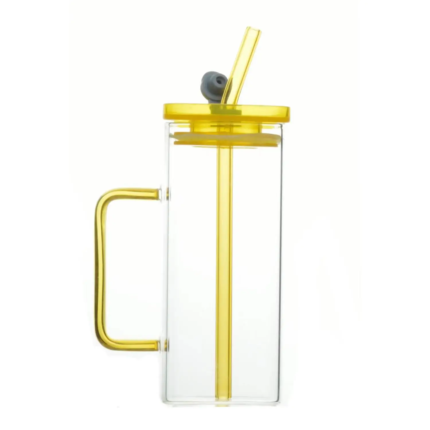Wholesale creative clear milk juice water cups square glass mug high borosilicate glass mug with straw and lid