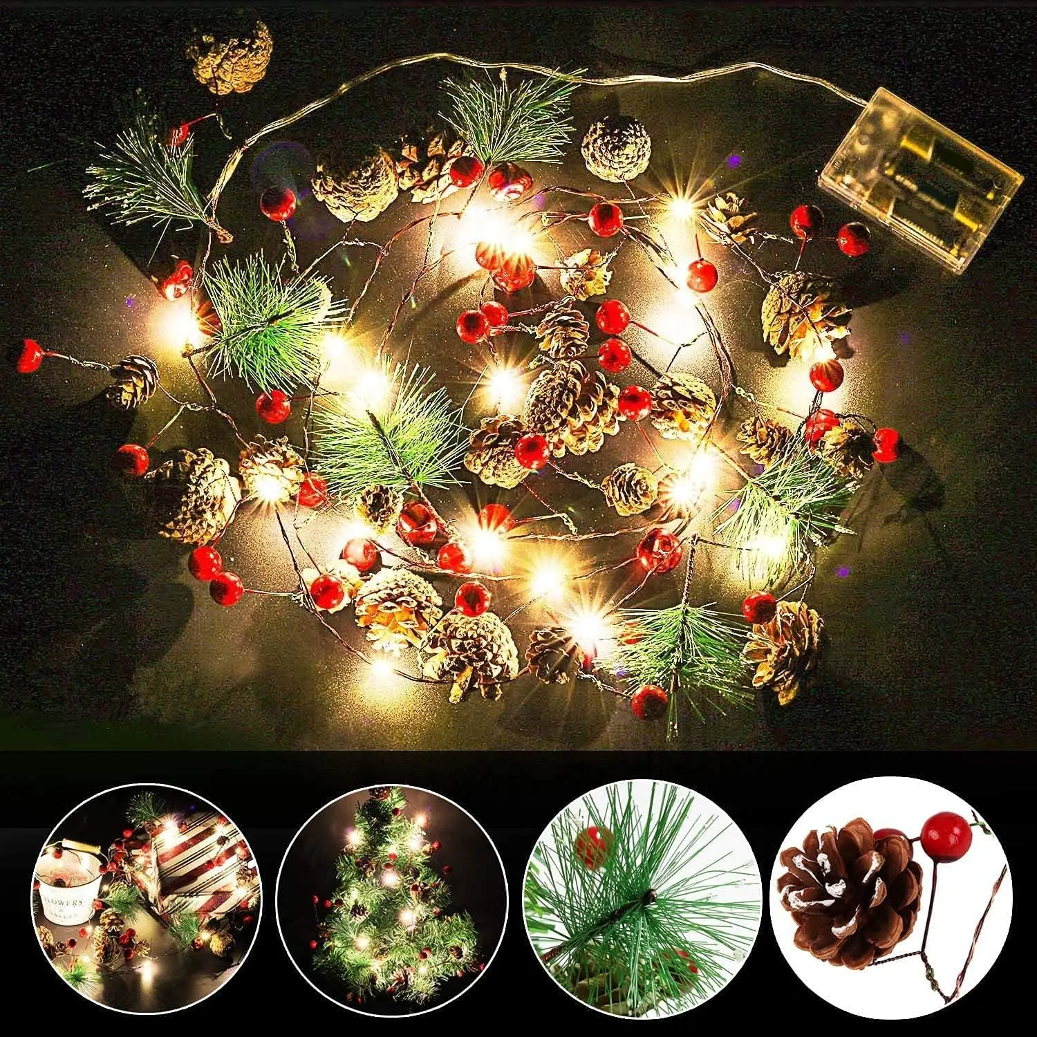 Pine Cone Christmas String Lights 20 LED Battery Operated Christmas Garland with Red Berry Fairy String Lights for Xmas