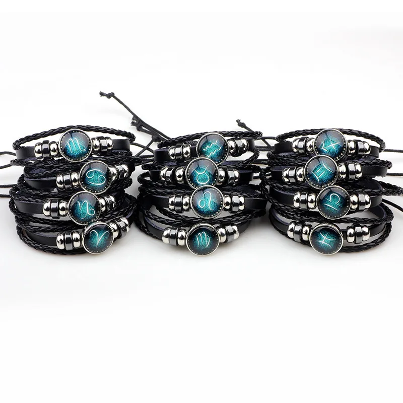 Handmade Braided PU Leather Rope Bangle Horoscope Zodiac Bracelet