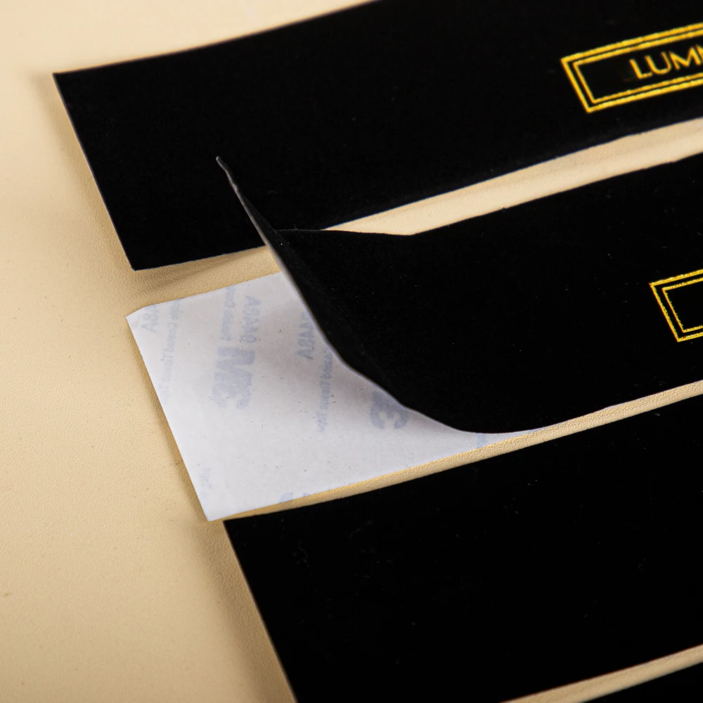 Fast Shipping Hot Stamping Gold Printing Velvet Fabric Black Flocking Adhesive Labels Sticker