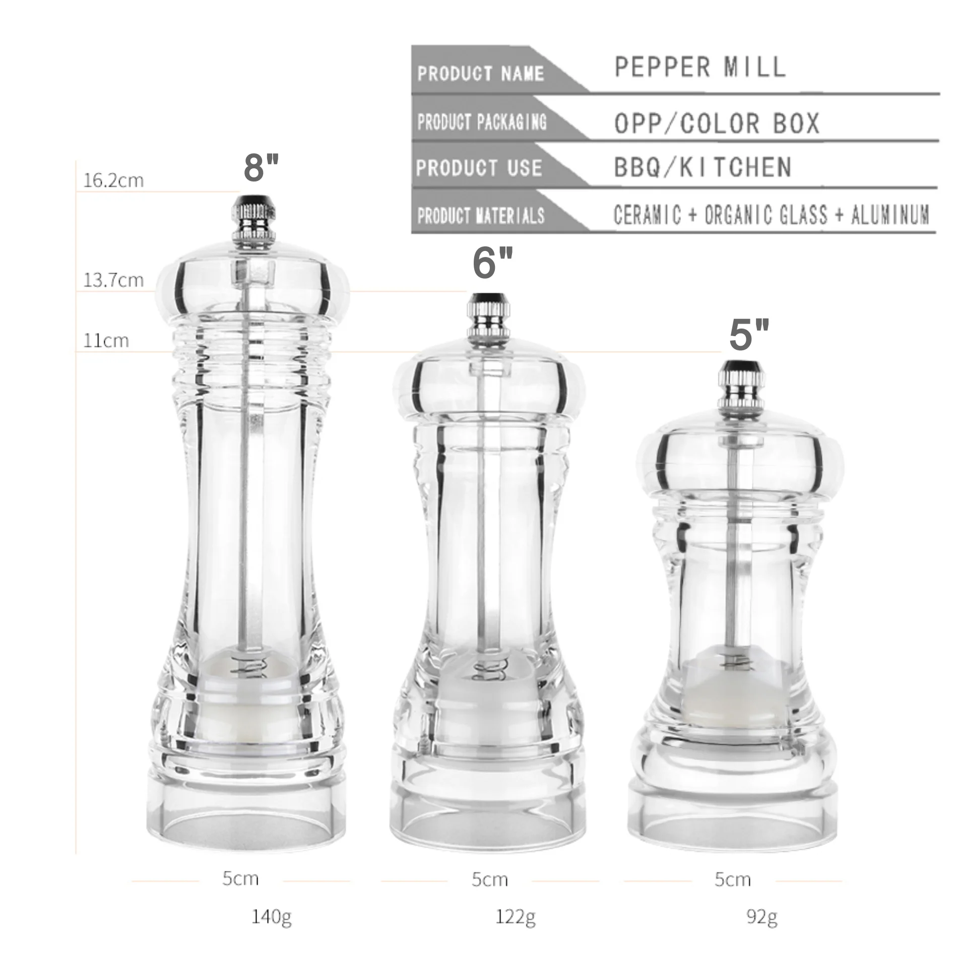 Wholesale mini salt and pepper mills manual acrylic pepper mill chilli mill pepper grinder for kitchen