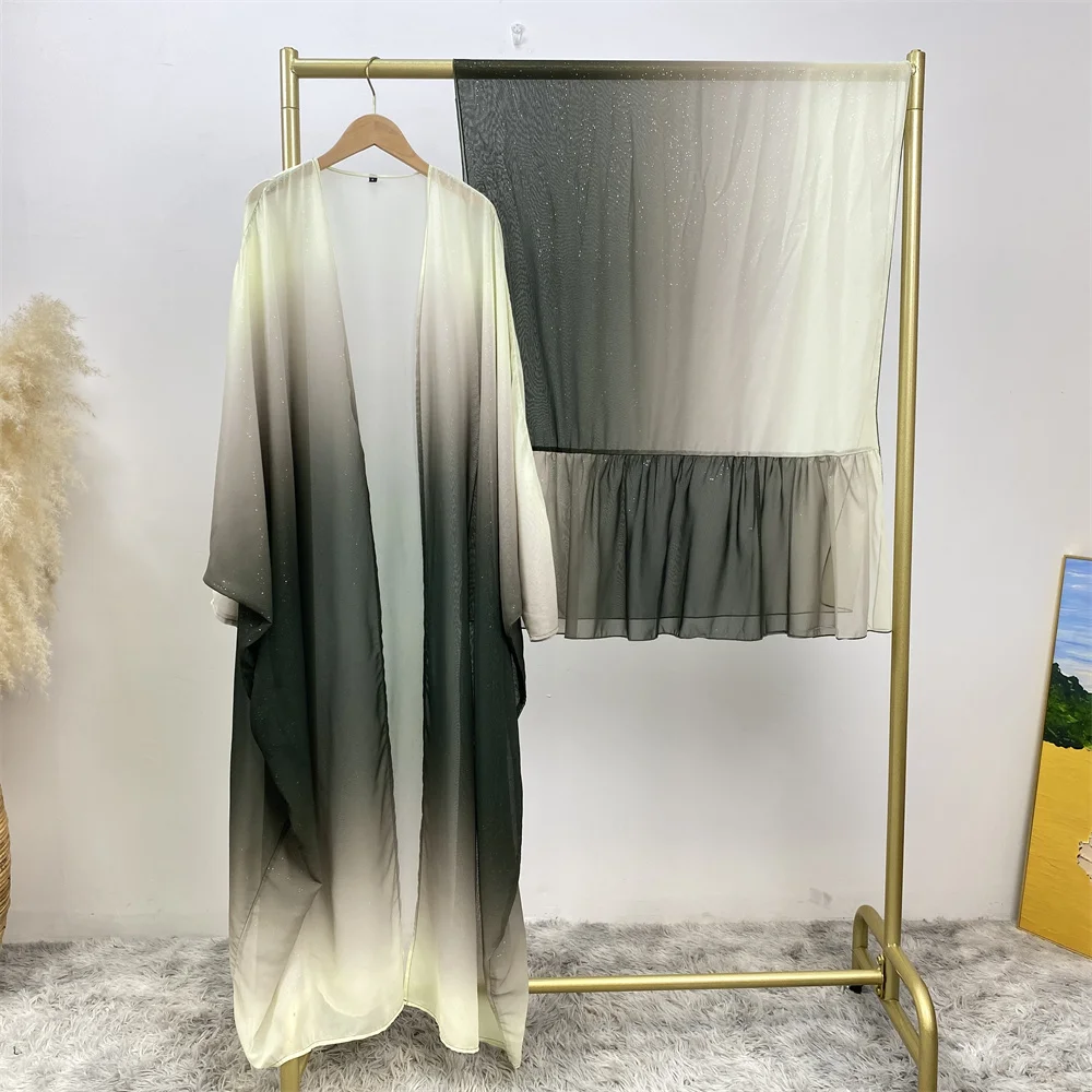 67501#B Fashion Shiny Starry Sky Gradient Color Cardigan With Long Hijab Muslim Women Classy Abaya 2 PCS Set