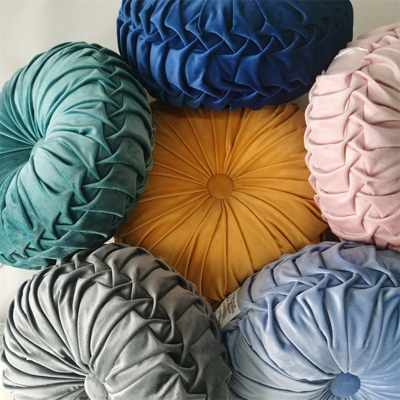Pleated Throw Pillows, Upholstery Round Pumpkin Velvet Cushions, Living Room Chair Sofa Floor Pillows