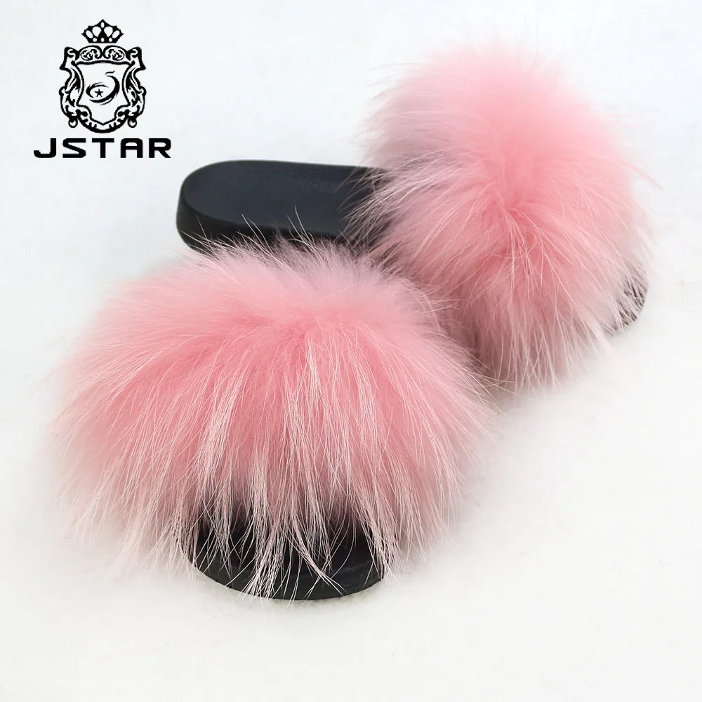 Wholesale women fur slippers furry slippers real fur sandals raccoon fur slides