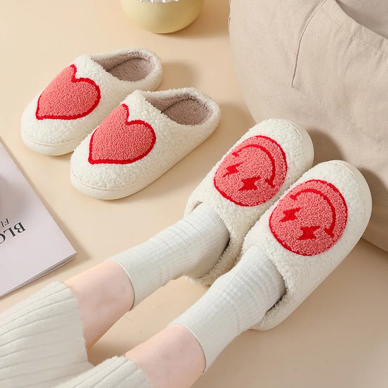 Custom Cartoon Logo Design Fluffy Comfy Adult Flat Bedroom Home Thermal Plush Slippers For Man Woman