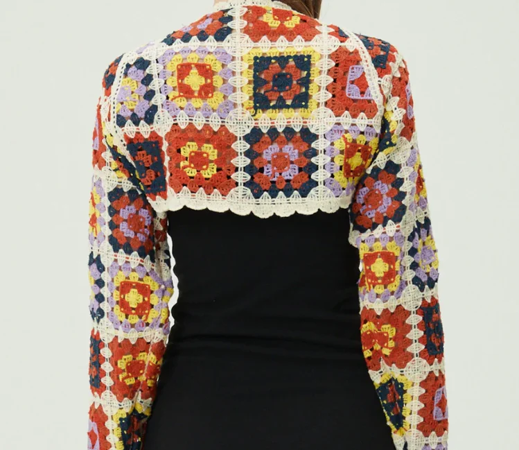 2022 New Design Custom Hand Hook Open Front Crochet Women Short Style Sexy Joy Granny Square Shrug Cardigan