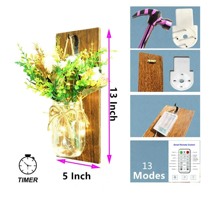 DIY Different Style Rustic Wall Sconces Mason Jars Wood Hanging LED String Lights Mason Jar Sconces For Home Decoration