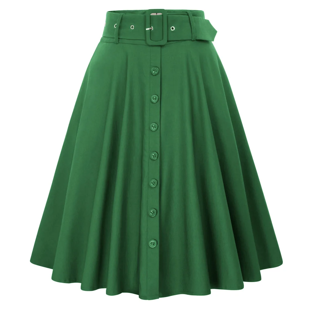 Belle Poque BP000571 Womens Buttons Decorated Flared A-Line Skirt With Belt Pockets Knee Length Vintage Skirts