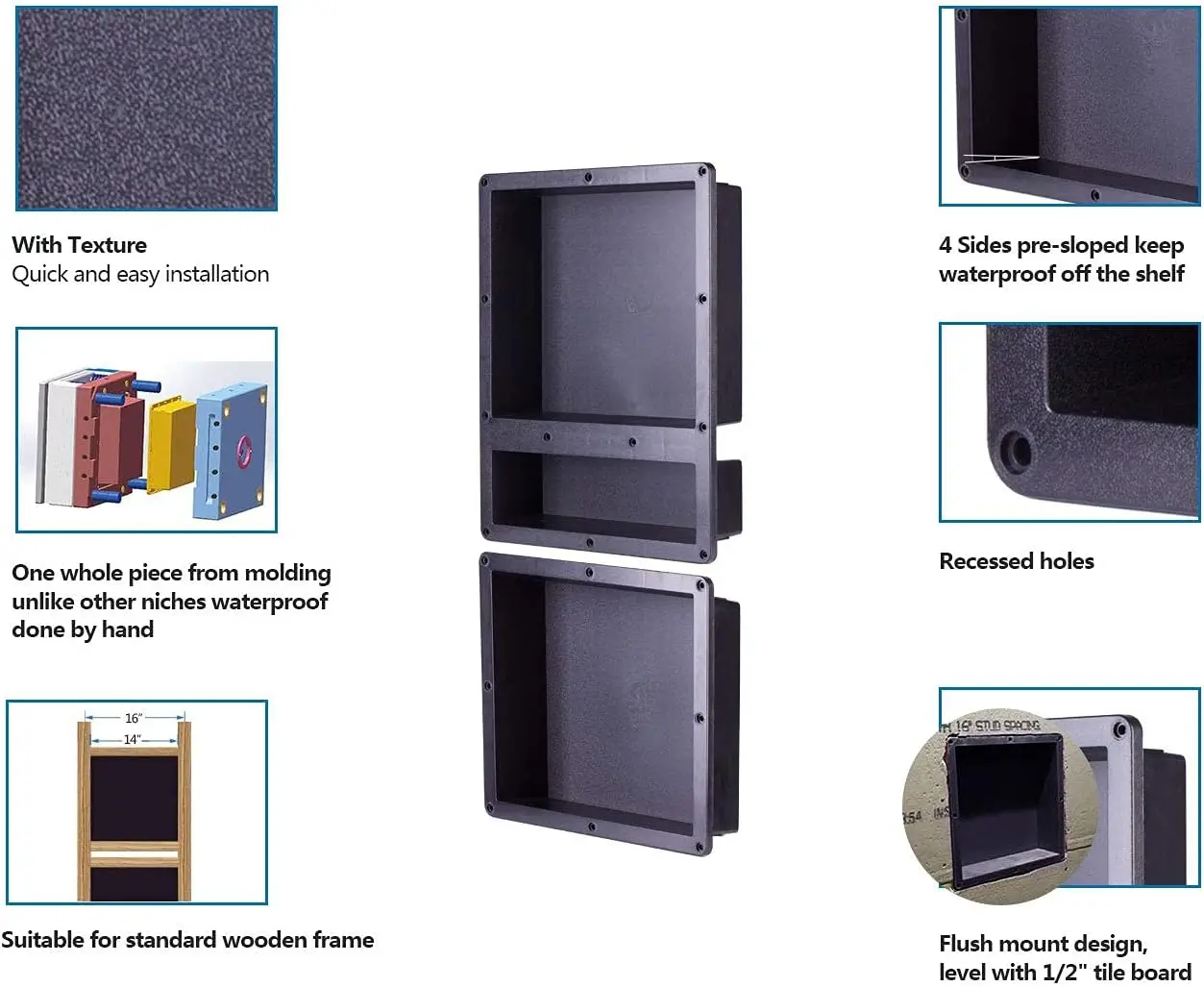Ready for Tile Shower Niche Recessed Shower Shelves with Texture, ABS Shower Cube for Bathroom 16 x 34 in