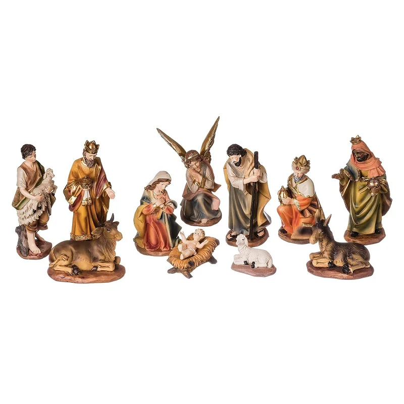 Resin Crafts Christmas Tabletop Decoration Polyresin Nativity Scene Figurine Sets with Poinsettias