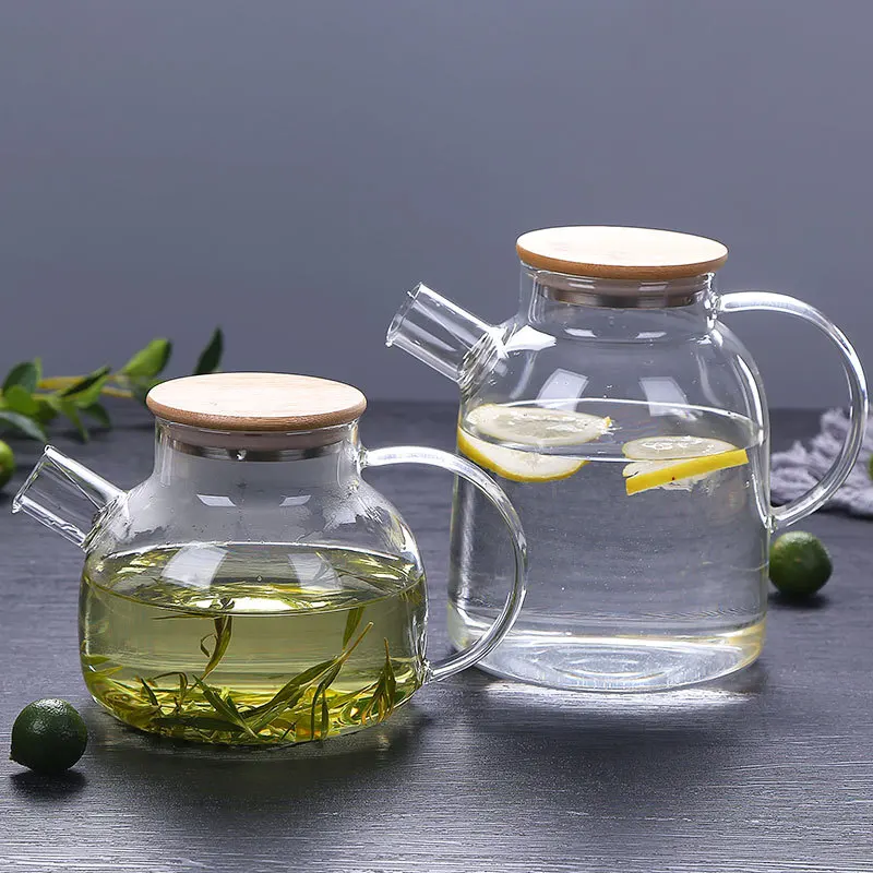 1000ml 1800ml Clear Glass Tea Pot Teapot Pitcher with Removable Filter Spout and Bamboo Lid for Loose Leaf and Blooming Tea