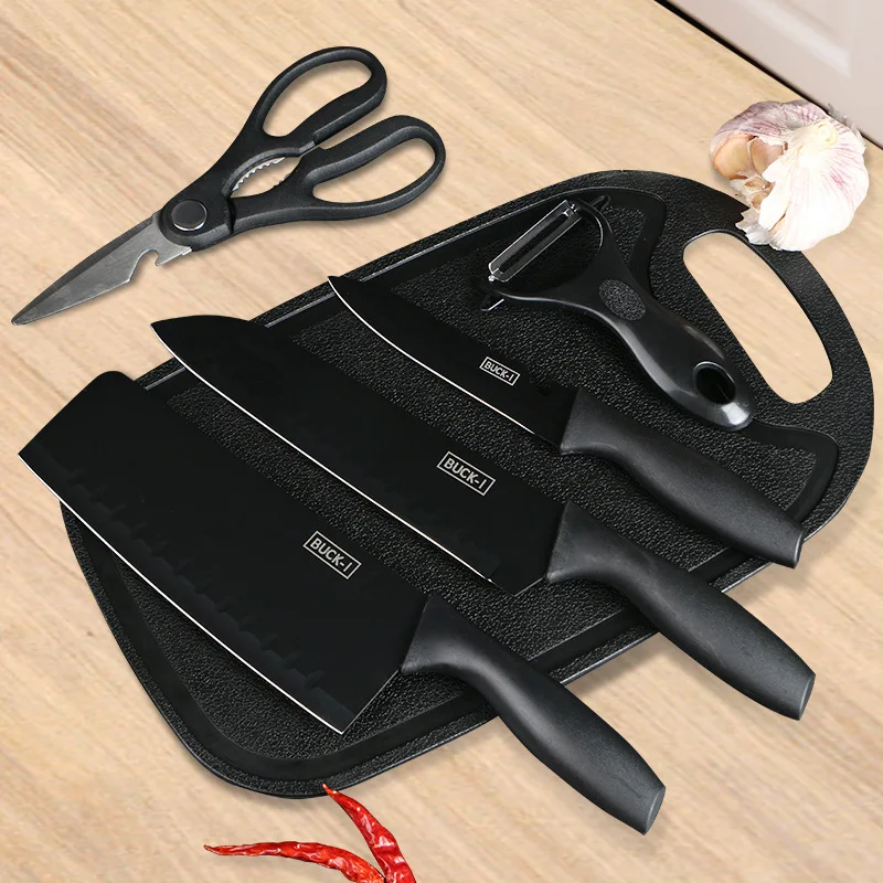 7pcs Black Stainless Steel Knife Set Kitchen Chopping Knife Set with Cutting Board and Knife Holder