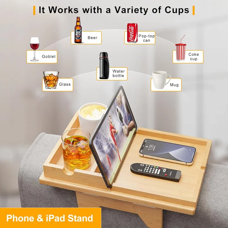 Houseware Wood Armrest Clip On Side Table Detachable Cup Holder Bamboo Sofa Refreshment Tray For Drinks