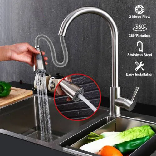 Kitchen Faucet 304  Stainless Steel Brushed Finish Water Tap Kichen Taps Pull Out Sprayer Kitchen Mixer Sink Faucets