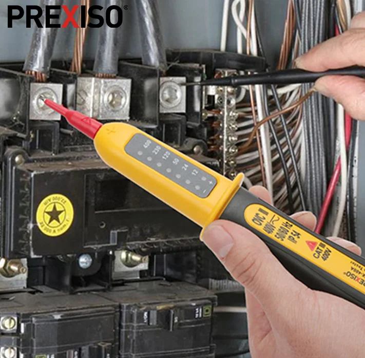 Распродажа бесконтактный Тестер PREXISO с диапазоном напряжения 12 В/24 В/50 В/120 В/230 В/400 В со светодиодными лампами и звуковым