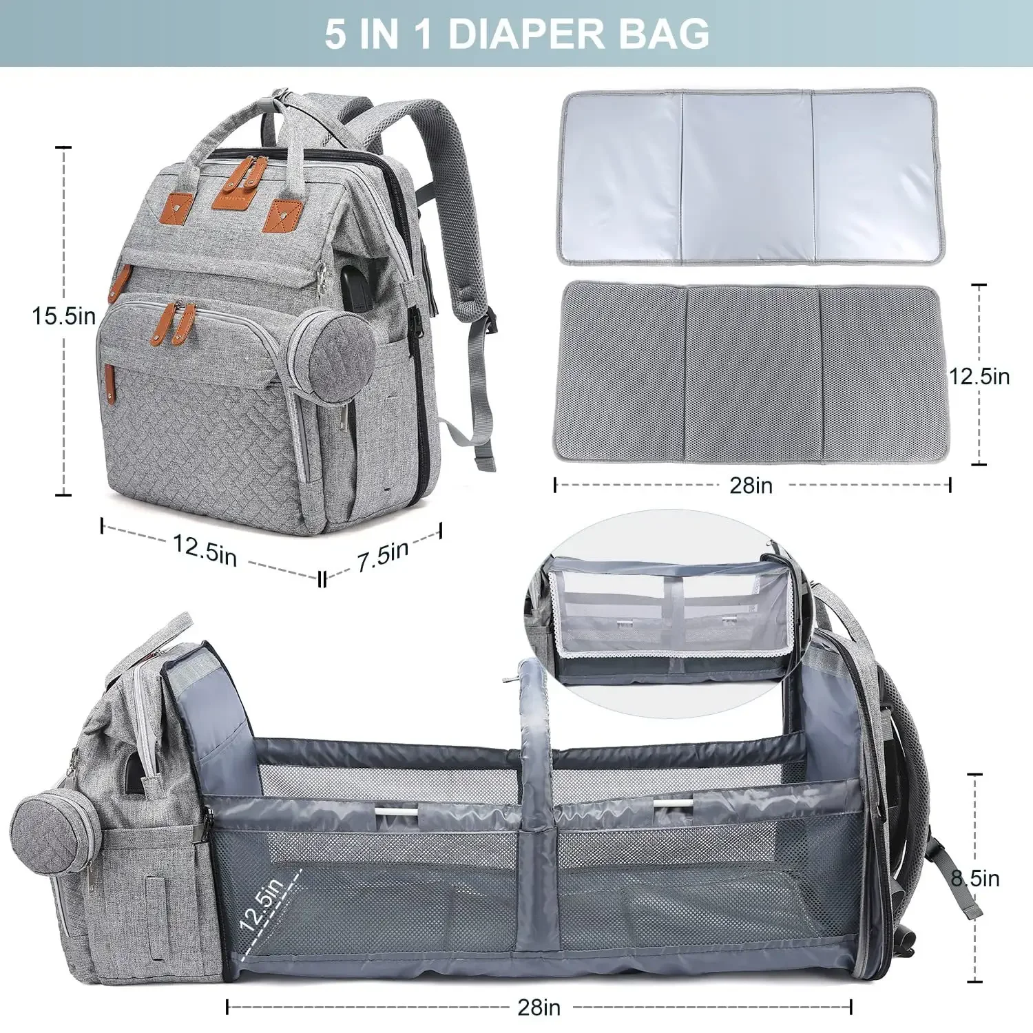 Wholesale Functional Folding Bed Bag Tote Nappy Mommy Waterproof Mummy Baby Diaper Backpack With USB Port Diaper Bag