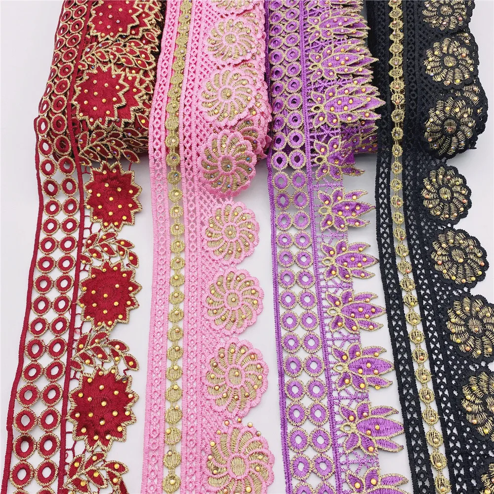 Beaded Sequin Rhinestones Floral Embroidered Lace Fabric Ribbon Trim Crochet Guipure Applique Motif for Wedding Dress