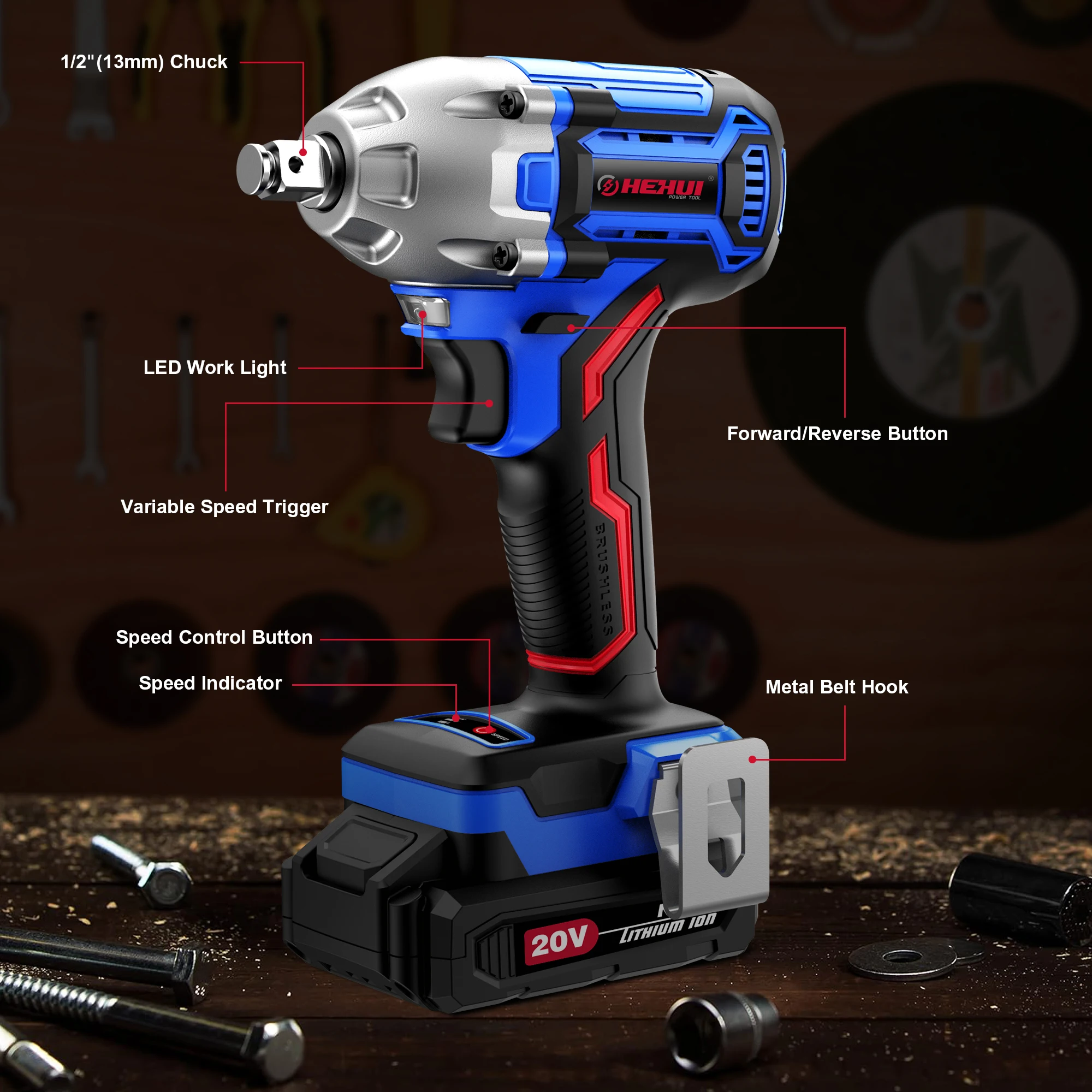 Hehui Customized 20V Max Cordless Drill And Impact Driver Max Torque 350Nm Brushless Impact Wrench