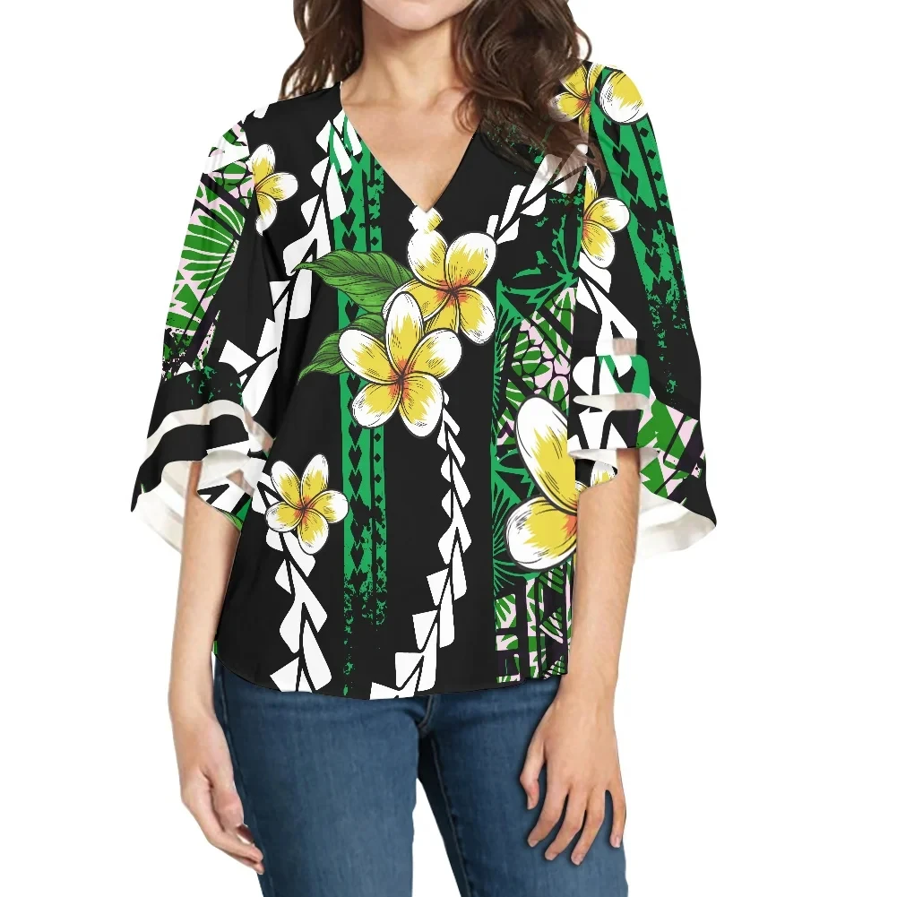 Drop Shipping Hibiscus Flower V-neck Chiffon Top For Women OEM Polynesian Design Ladies Chiffon Satin Vintage Tops Shirts Blouse