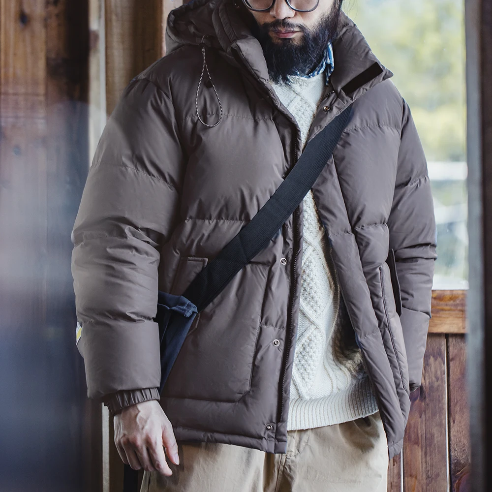 Maden Wholesale Men Down Jacket Vintage Workwear Retro Waxed Winter Cold-Resistant Hooded Thick Stand Collar Puffer Coat Winter