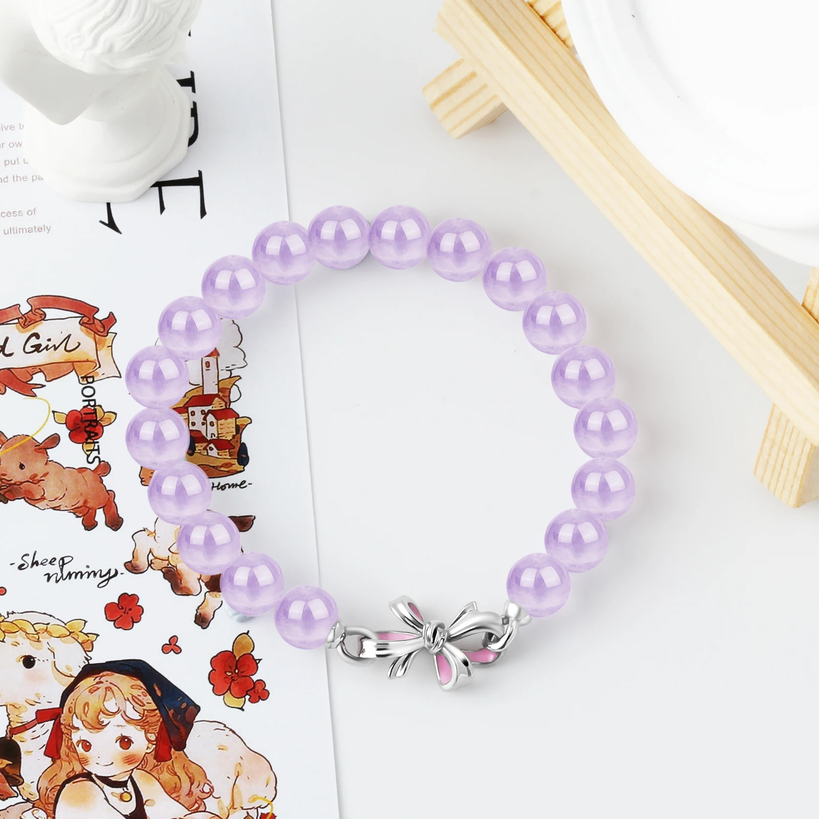 2024 Fashion Romantic Natural Stone Purple Jade Crystal Beads  Jewelry  925 Silver Italian Charms Bow Pendant Beaded Bracelets
